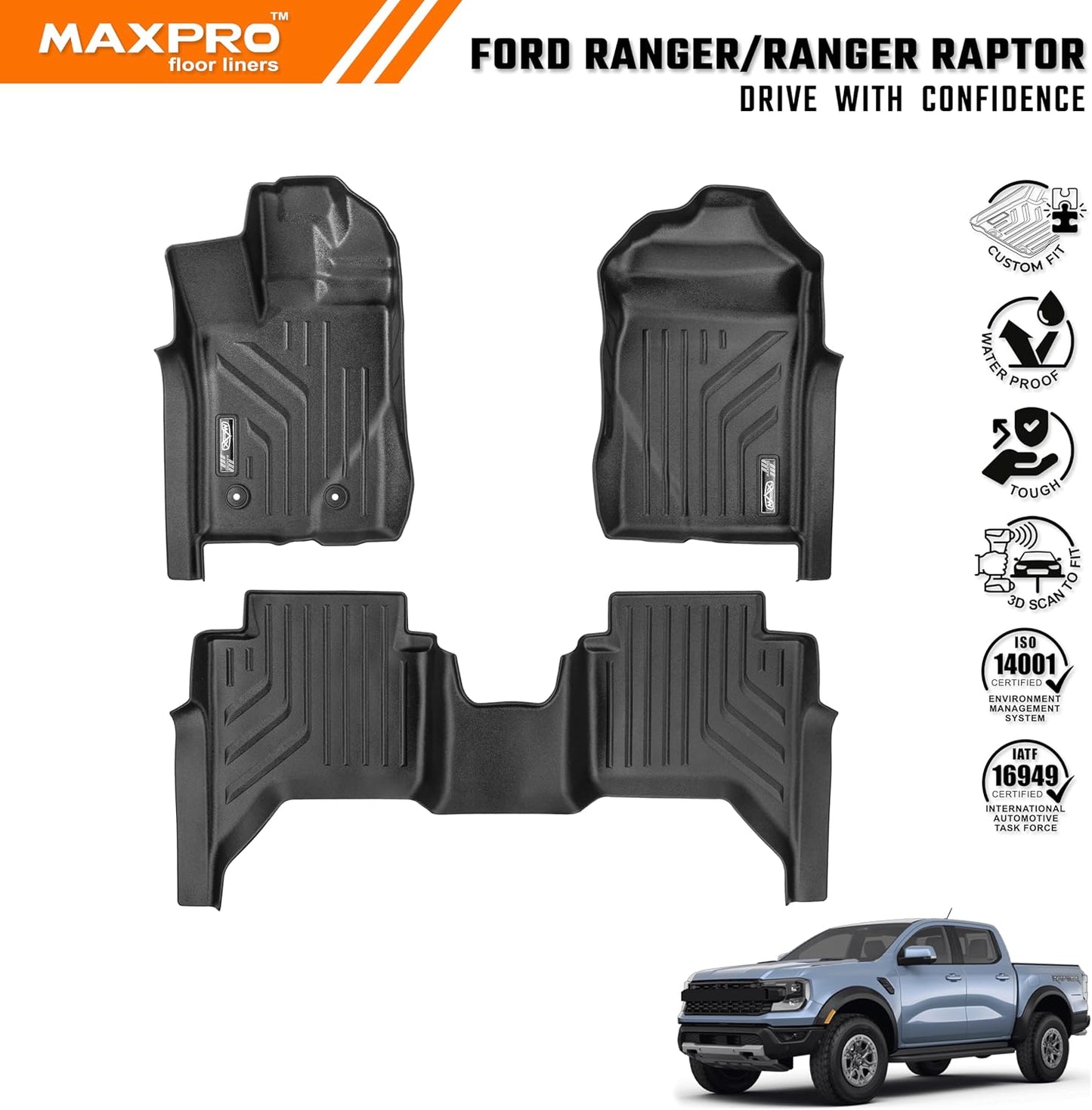 Premium MAXPRO All Weather Floor Mats for 2024-2026 Ford Ranger Raptor SuperCrew Cab Custom Fit Floor Liners 1st&2nd Row Set Waterproof TPE Anti-Slip Truck Mats Full Set Automotive Floor Mats Pickup