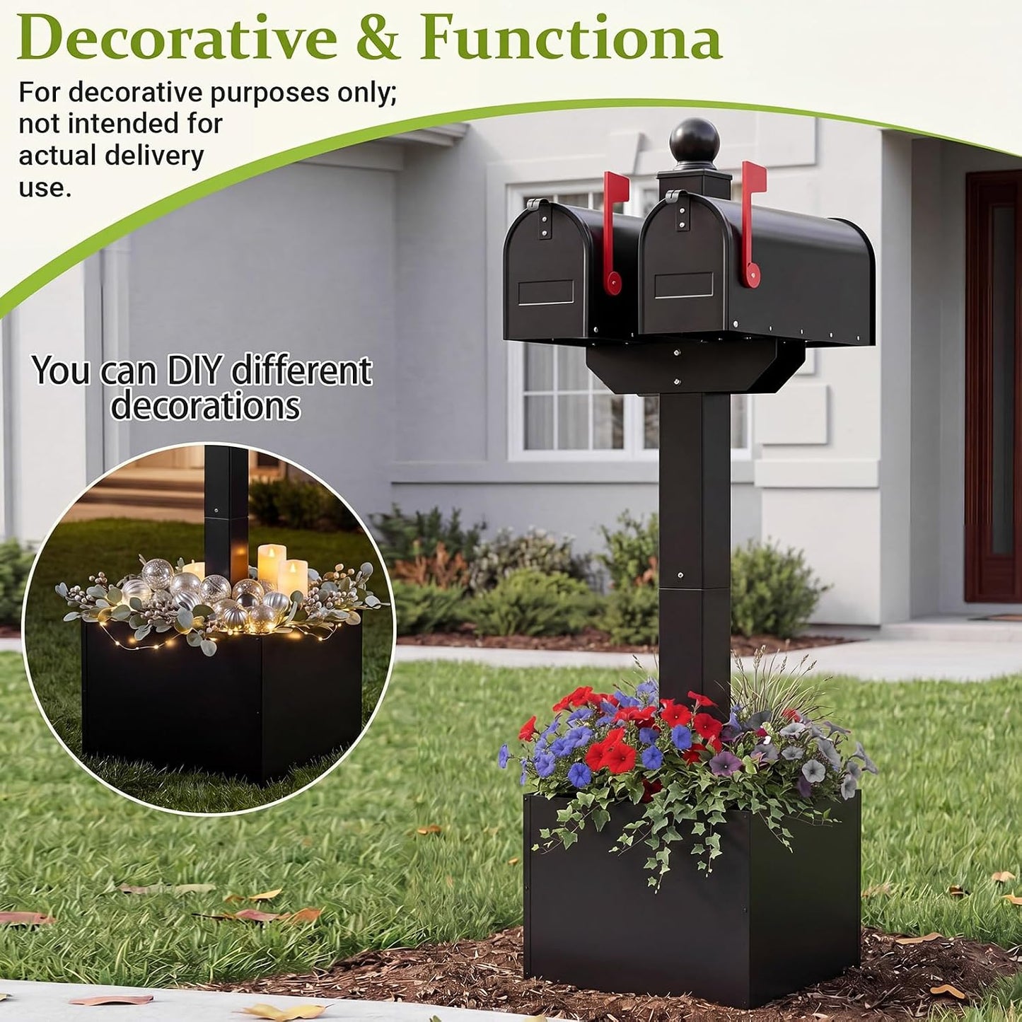 Colingmill Double Iron Mailbox Post with Planter Box for Outside, 65.35 x 4 x 4 Inch, Black Steel Mount for 2 Mailboxes, Heavy Duty Architectural Stand with Brackets (Mailbox Not Included)