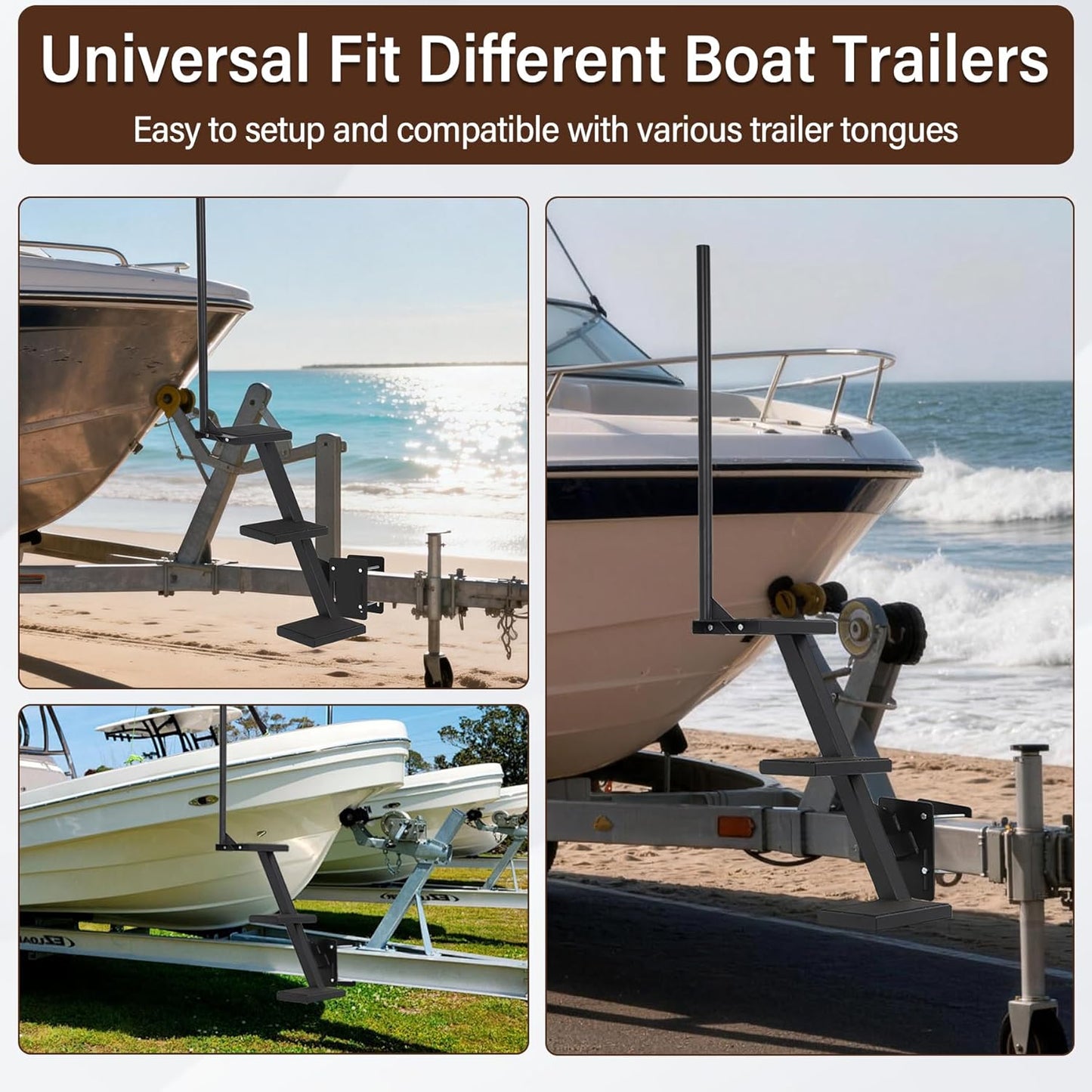 Boat Trailer Steps 3 Step with Anti-Slip Mat & Safety Handrail, Universal Fit Boat Trailer Tongue Steps, Heavy Duty Boat Steps, Easy Installation