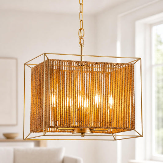 6-Light Rattan Chandelier, 16-Inch Compact Boho Rectangle Chandelier with Handwoven Shade and Gold Metal Frame for Dining Room, Kitchen Island and Foyer, UL Listed