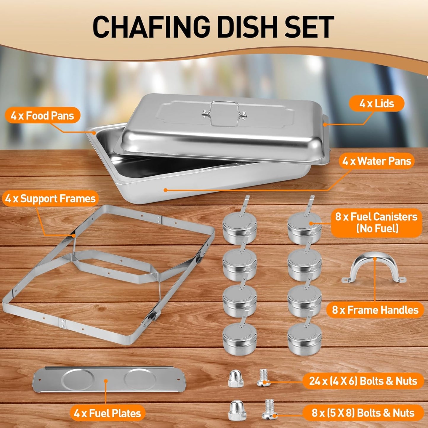 Rengue Chafing Dishes, 9.5 QT High Premium Stainless Steel Complete Set, 4 Pack Chafing Dishes Buffet Set, Heating and Cooling Chafing Dish for