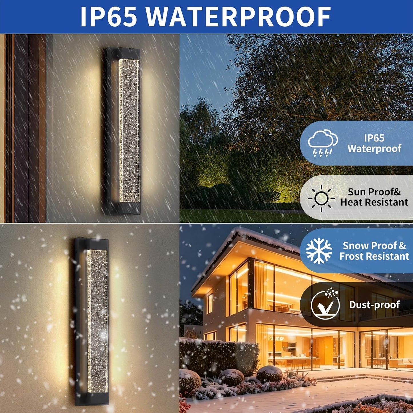 2 Pack Black Long Exterior Wall Lights, 23.6inch Bubble Crystal Outdoor Wall Sconce, 3000K Warm White, IP65 Waterproof, Minimalist LED Outside Garage Lighting for House, Fence, Balcony, Patio 3000K-Crystal 23.6inch 2