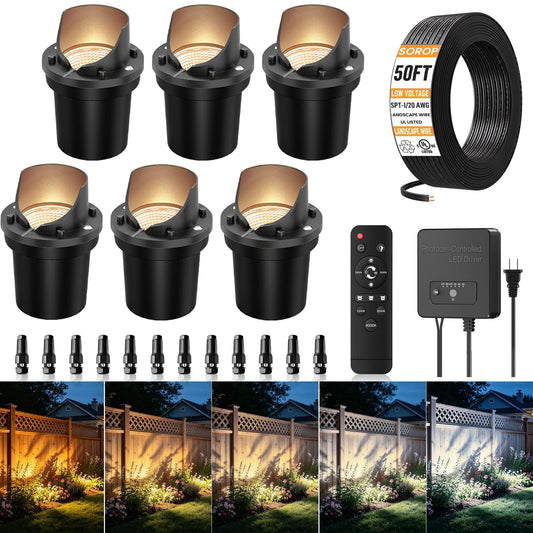 Low Voltage Landscape Lighting Kit, Well Lights with 144W Transformer & Wires, 5CCT In-ground Lights IP67 Waterproof 12-24V AC/DC Outdoor Path Lights for Garden Yard, 6 Pack