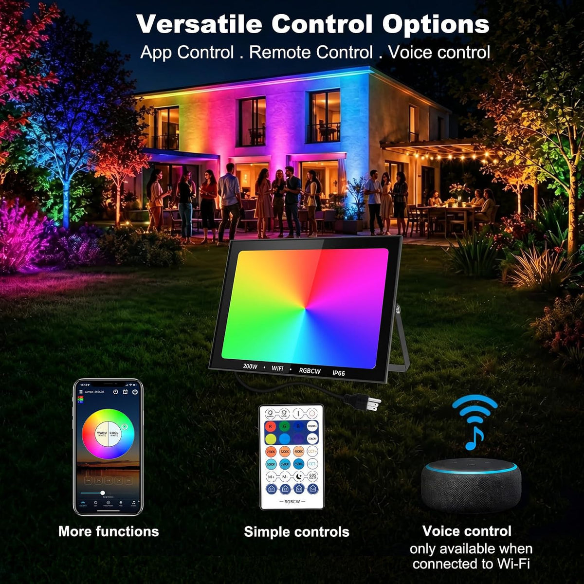 RGB LED Flood Light Outdoor 2000W Equivalent, 200W RGBCW Smart Floodlights with APP & Remote Control, 16 Million Color Changing, Timing, DIY Scenes, IP66 Waterproof Landscape Light (2 Pack)