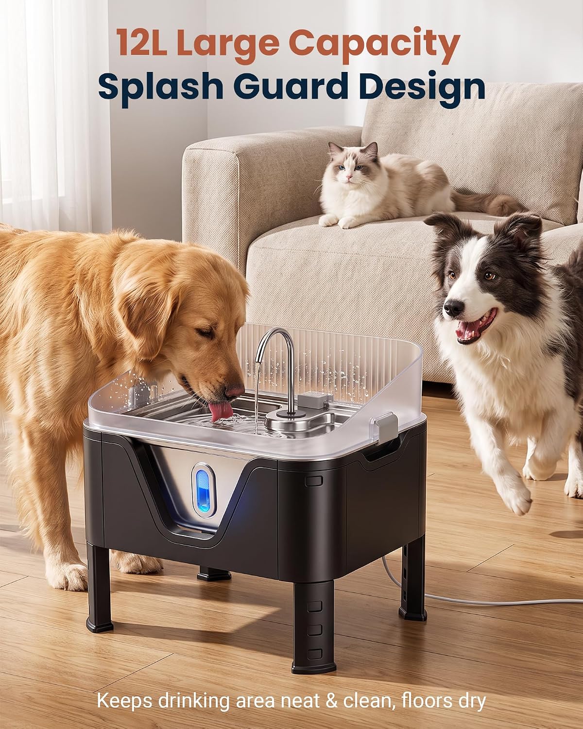3.17 Gal Elevated Dog Water Fountain with Splash Guard, Cool Silver