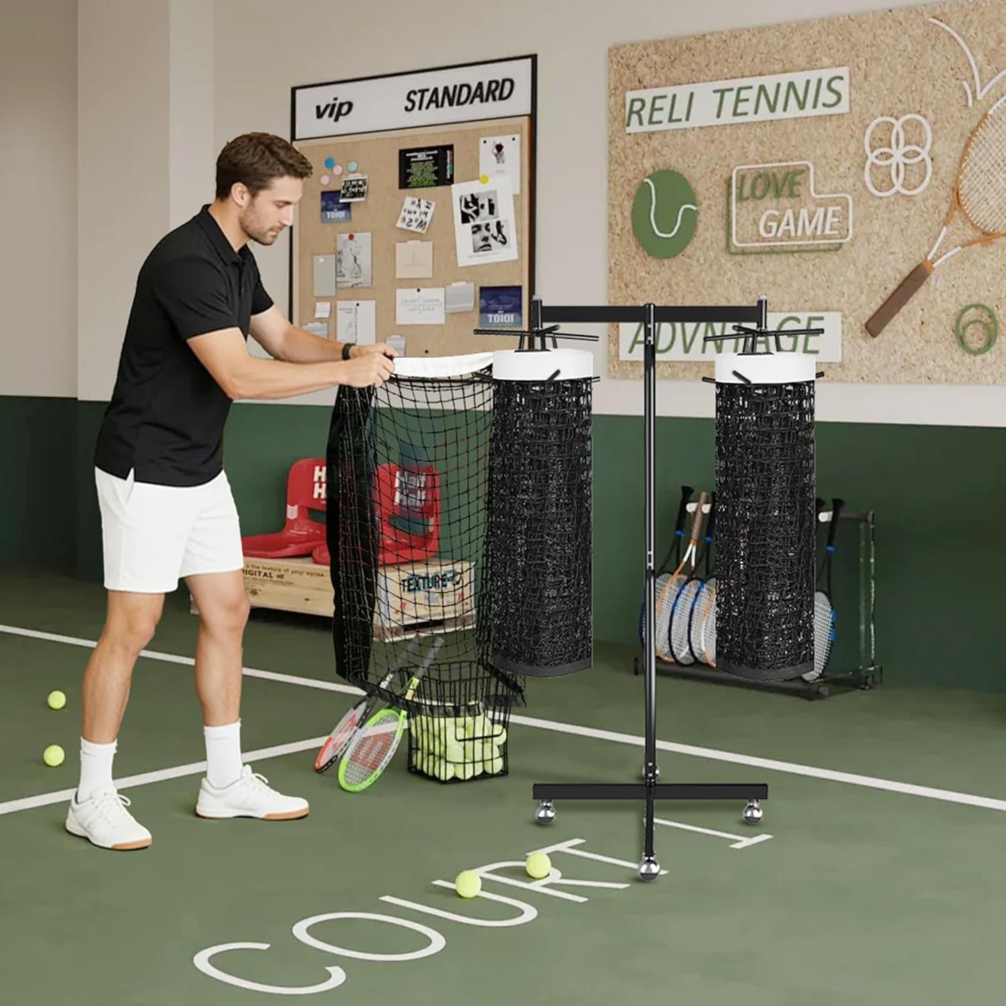 MR Movable Volleyball Net Storage Rack with Lockable Wheels, Professional Volleyball Equipment Net Storage for Gymnasium, Black Volleyball Net Support Rack for School Double Net
