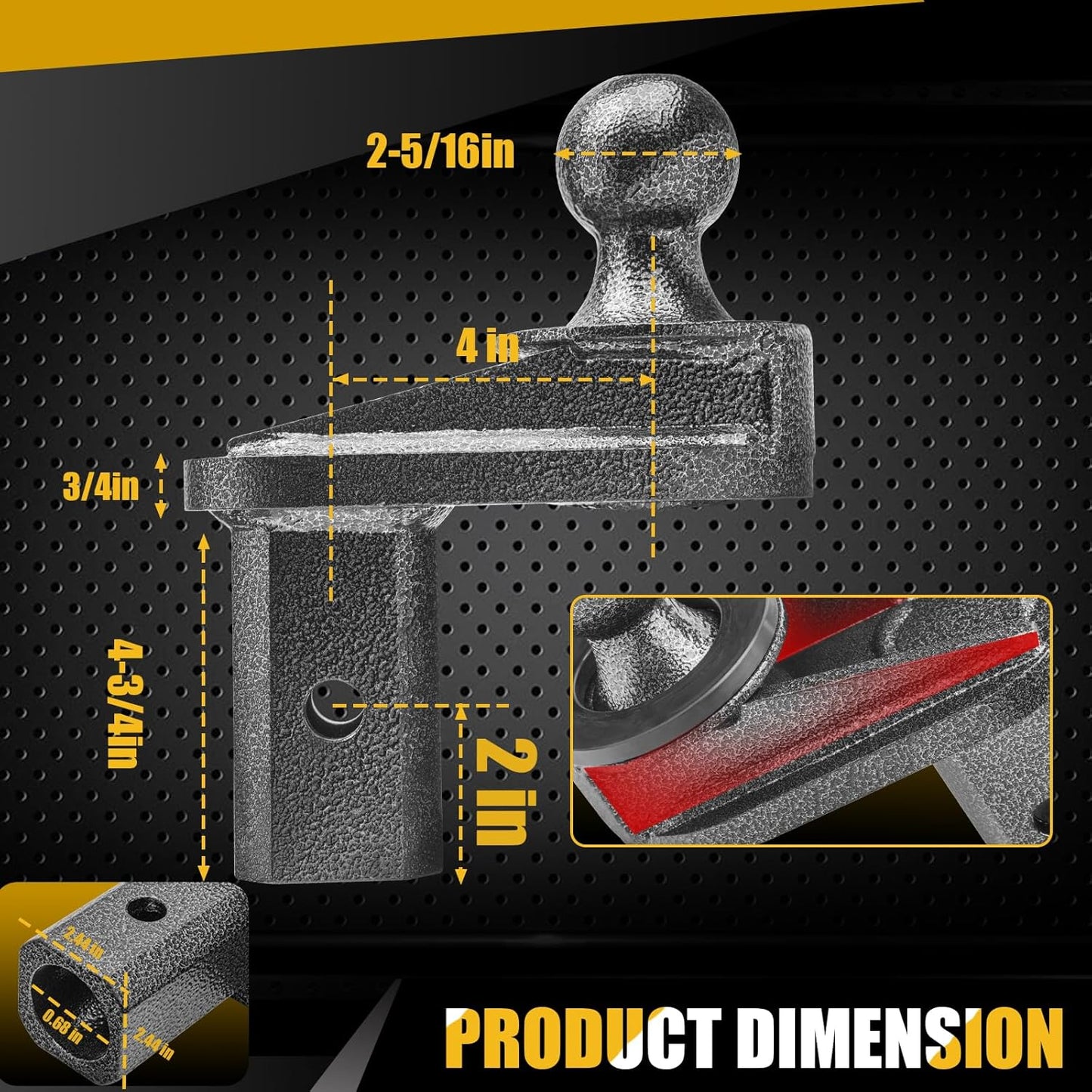 4" Offset Gooseneck Ball Extender with Anti-Rattle PU Washers, Square Base 2-5/16" Ball, 2" Rise, Coupler Support, Reinforced Gusset for Square Turnover Ball Hitches Grey 4" Extension