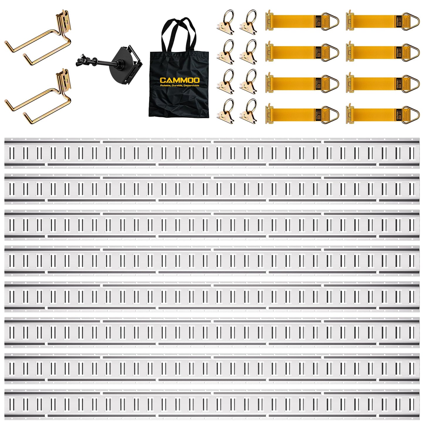 CAMMOO 5FT E-Track Rail Kit, Includes 8 Rails, 2 Double Hooks & 1 Tire Bracket, 8 O-Rings, 8 D-Rings with Tie Down, 1 Storage Bag, 2200lbs Load Capacity for Trailers, Trucks, Vans, Garage, Silver