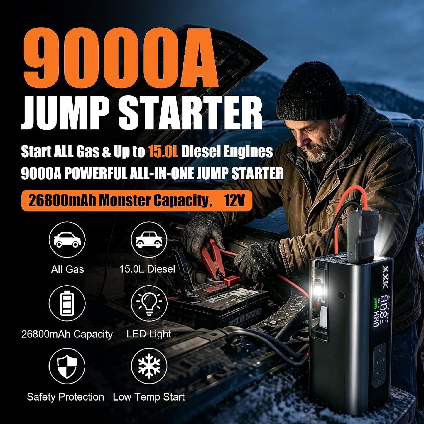 9000A Car Jump Starter with Air Compressor, Vacuum & 26800mAh Battery Pack