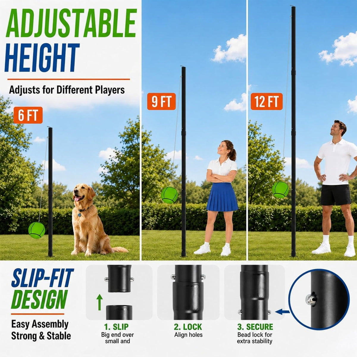 Tetherball Set, 2 Balls Included, Adjustable Pole 12 FT