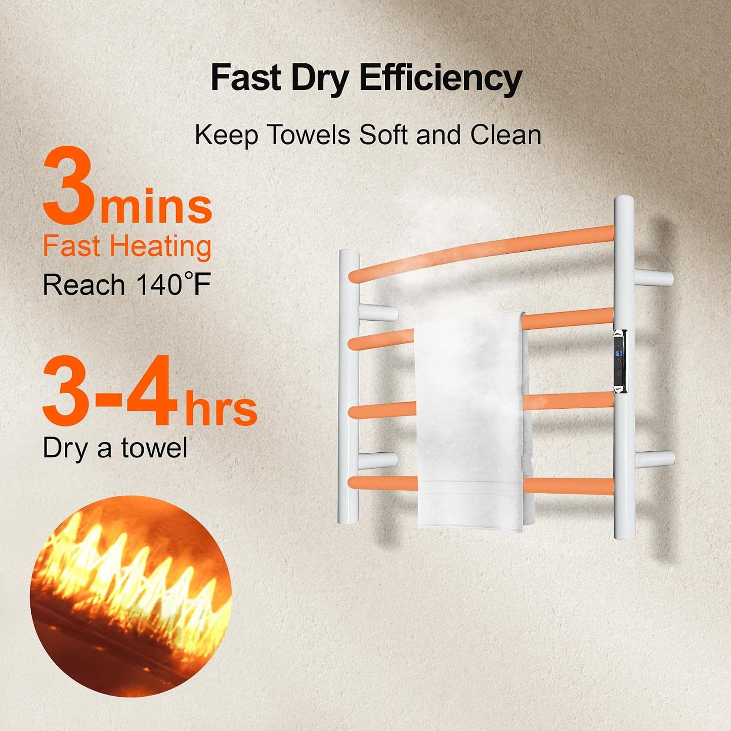 Towel Warmer with Built-in Timer Bathroom Wall Mounted Bath Towel Heater Plug-in Electric Heated Towel Rack Stainless Steel Curved Round Oil Rubbed Drying Rack 16.54x23.62x5.51 inches White 4 Bar Round Bright White With Timer