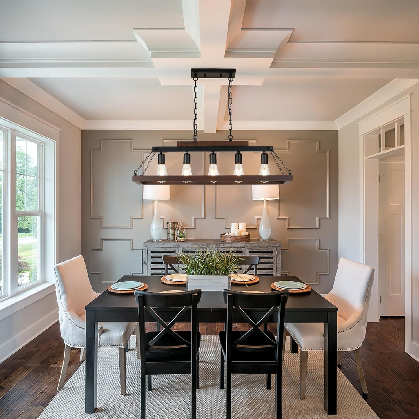 Rustic Kitchen Island/Dining Room Light Fixture Farmhouse Rectangle Wood Linear Chandelier Over Table 5-Light Black Retr