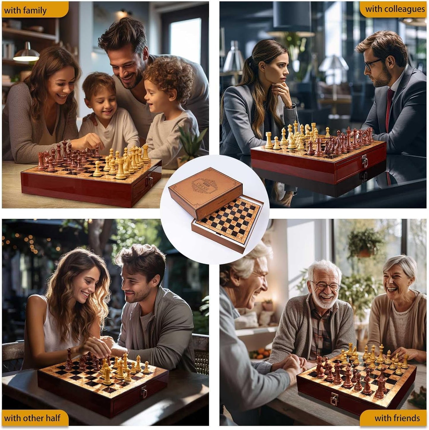 17 inches Wooden Chess Set with High Polymer Weighted Chess Pieces / 2 Built-in Storage Drawers / 2 Extra Que