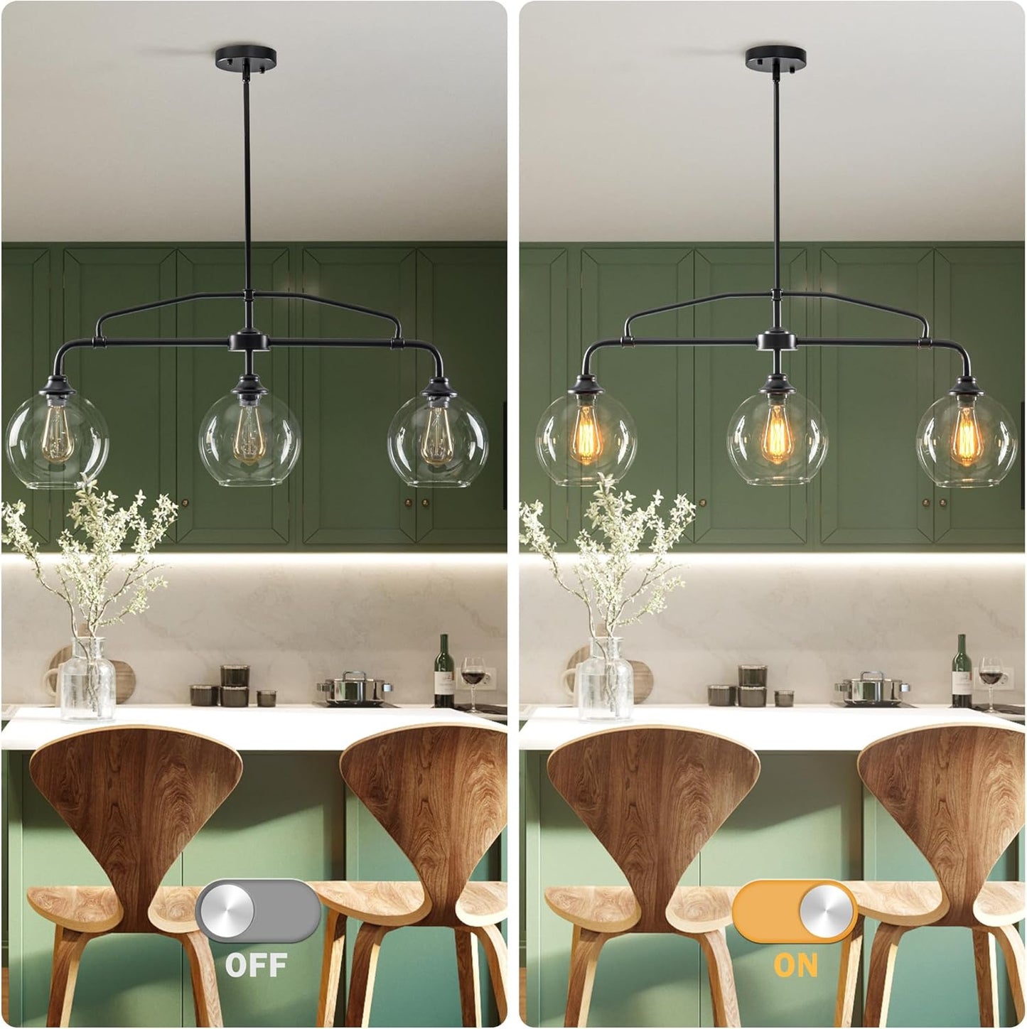 3 Lights Globe Pendant Light, Modern Hanging Lighting Fixture, Matte Black Cluster Chandelier with Clear Glass Shades