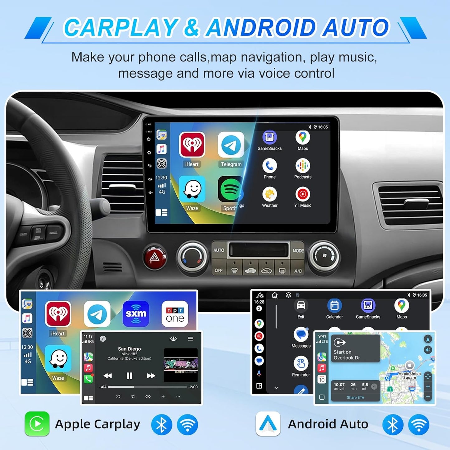 10" Radio for Honda Civic (2006–2011, 8th Gen), Android 15 Stereo, Wireless Apple CarPlay & Android Auto, Bluetooth 5.0, Built-in GPS + Wi-Fi, 2GB + 64GB, HD Touchscreen Head Unit with AM/FM/RDS