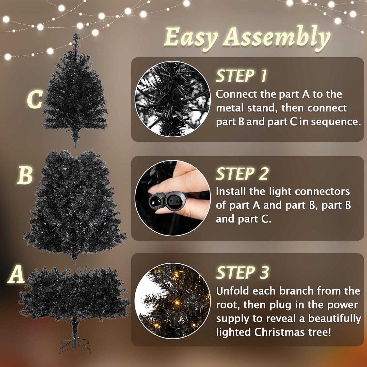 7.5FT Black Artificial Christmas Tree Prelit with 1600 PVC Branch Tips, 600 Lights & 9 Modes, Seasonal Holiday Party Decorations with Sturdy Metal