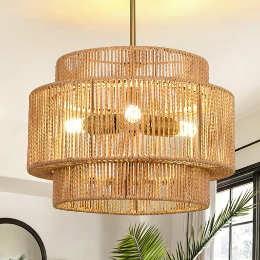 Boho Rattan Chandelier Fixture, 15.7" 3-Light Rattan Drum Pendant Light Brown 15.7"