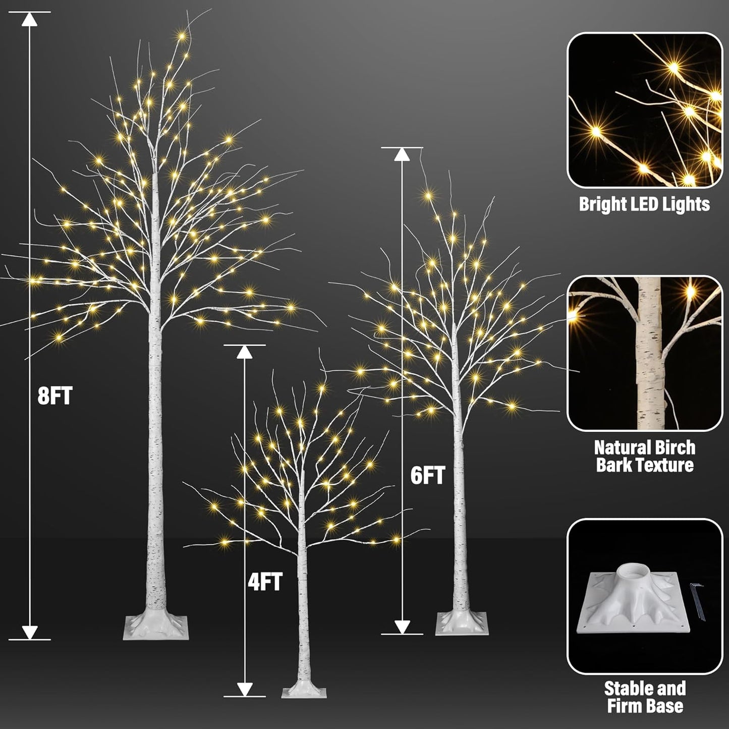 iBaycon 4Ft 6Ft and 8Ft Birch Tree, Set of 3 Lighted Birch Tree LED Artificial Tree with 8 Modes Timer, Prelit Light Up Trees for Indoor and Outdoor