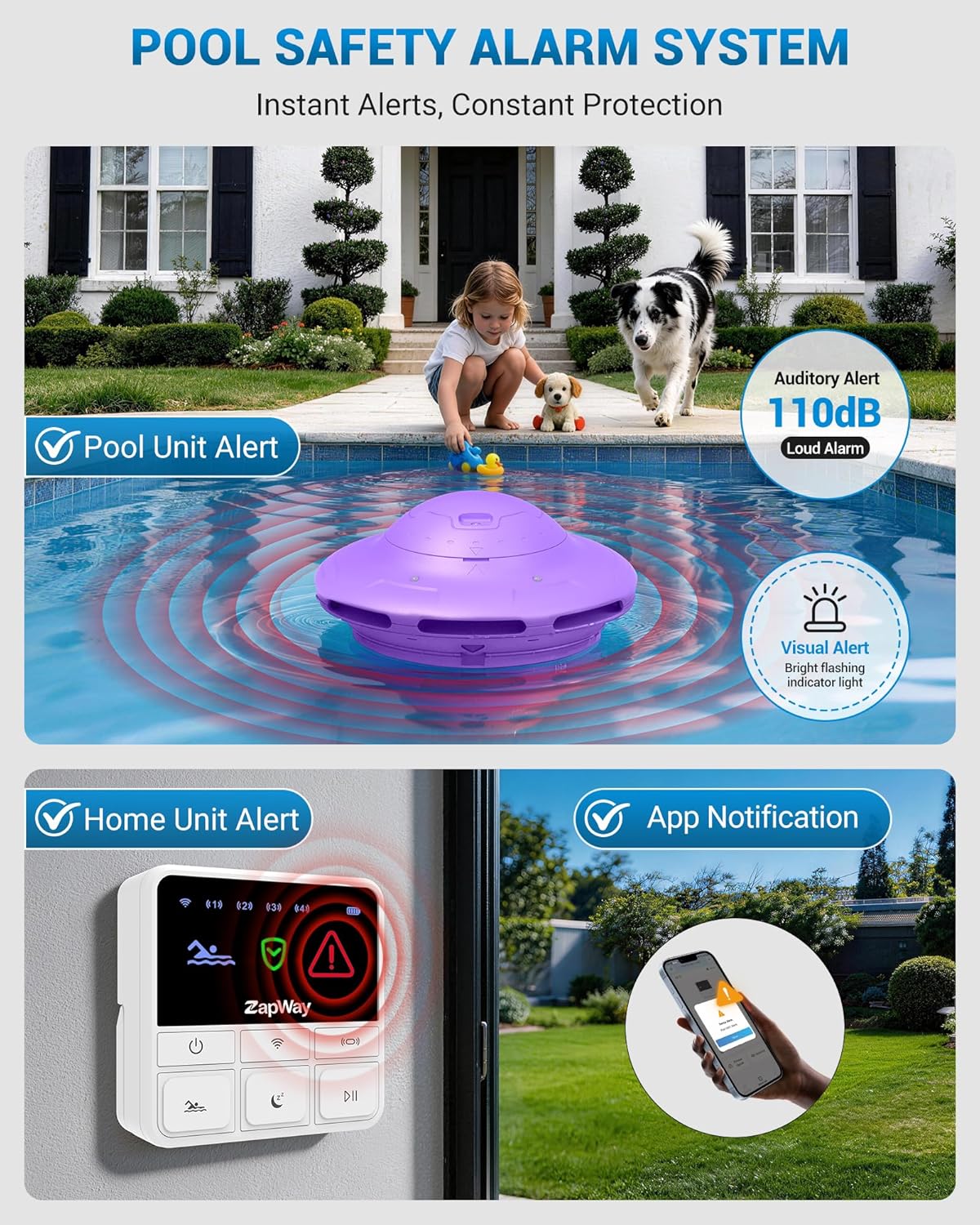 Pool Alarm with Home Receiver - Loud Floating Safety Pool Alarms with App Remote Control for Inground & Above Ground Pools, Extra Water Safety for Kids, Pets and Pool Owners, Purple