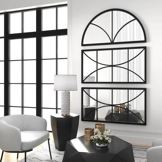 NXHOME Arched Window Black Mirror, 47.2431.5' Set of 3pcs,Spliced Detachable Composable Metal Wall Mirror Windowpane Decoration for Entryway Living