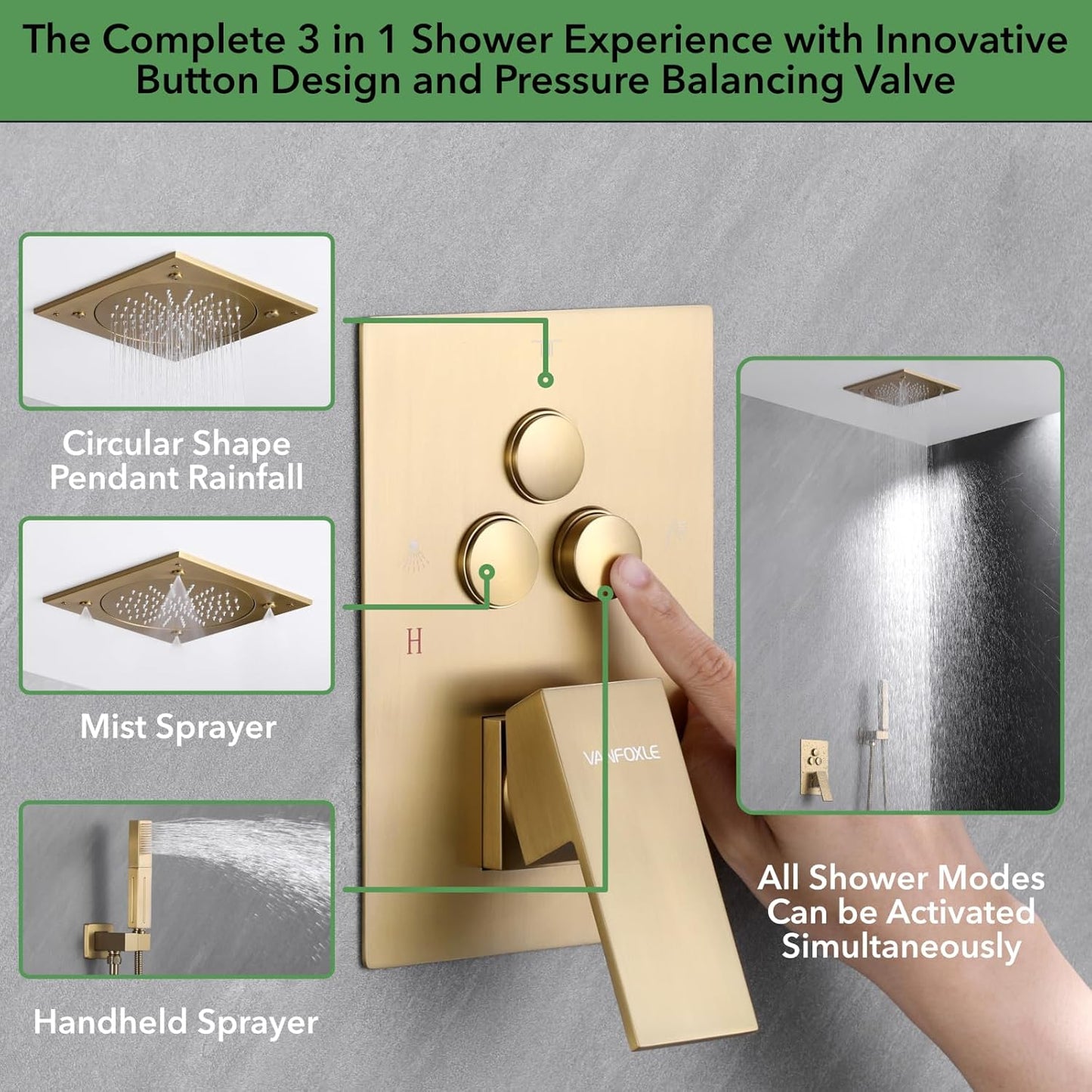 Shower Faucet Set Brushed Gold Shower System,Shower Faucet with 2 in 1 Handheld,Ceiling Mount Dual Modes 11 Inch Shower Head (Rain+Mist) (Brushed