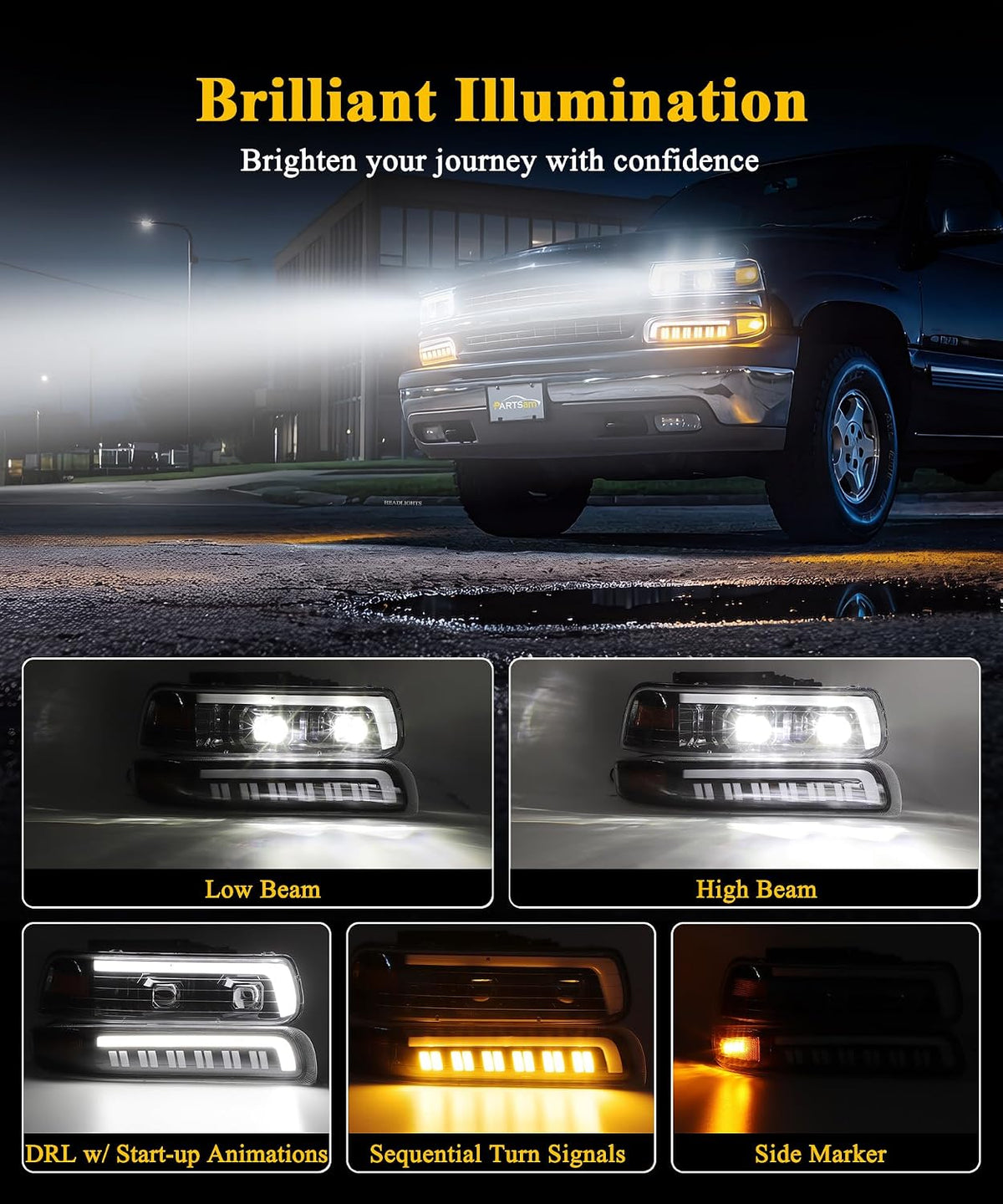 Partsam LED Headlights Assembly for 1999-2002 Silverado DOT DRL Sequential