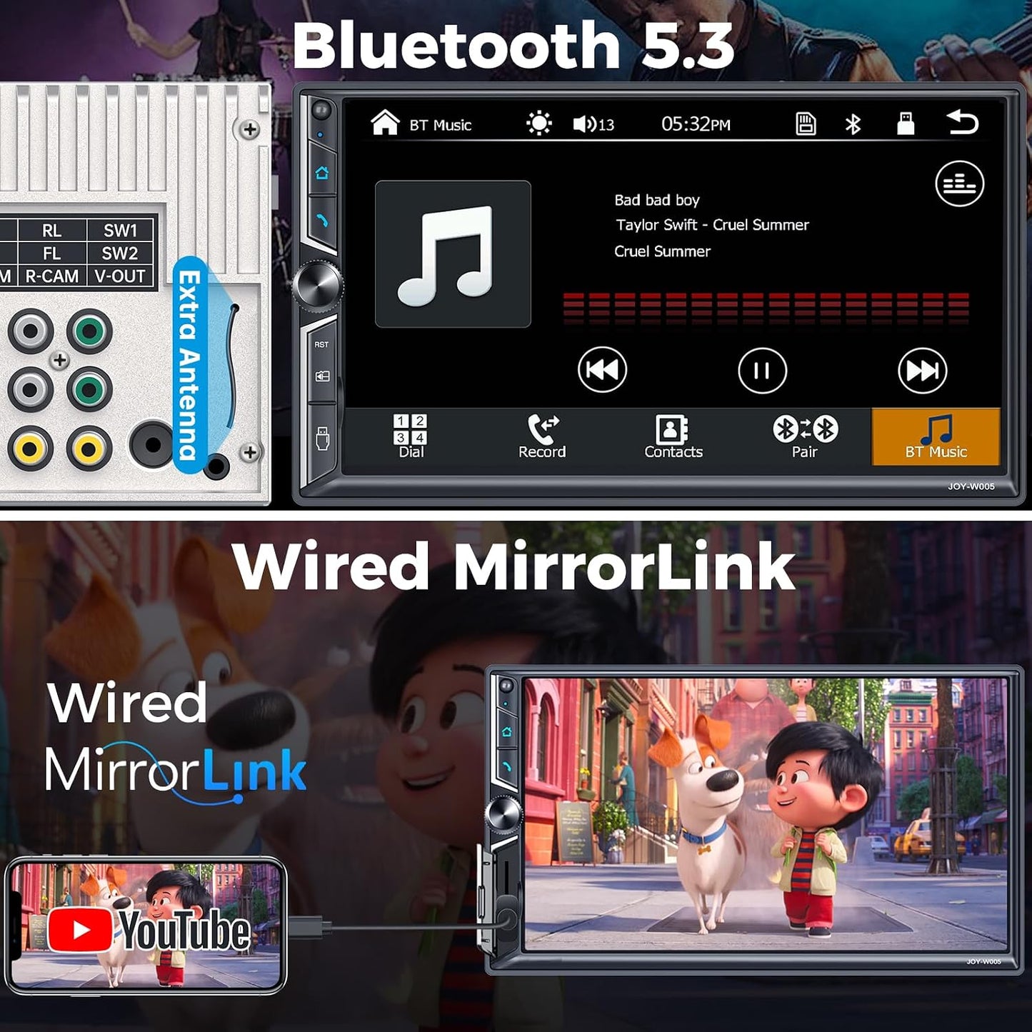 7" Double Din Car Stereo with Wireless CarPlay and Android Auto, Bluetooth 5.3, MirrorLink, Touchscreen, FM/AM Car Audio Receiver