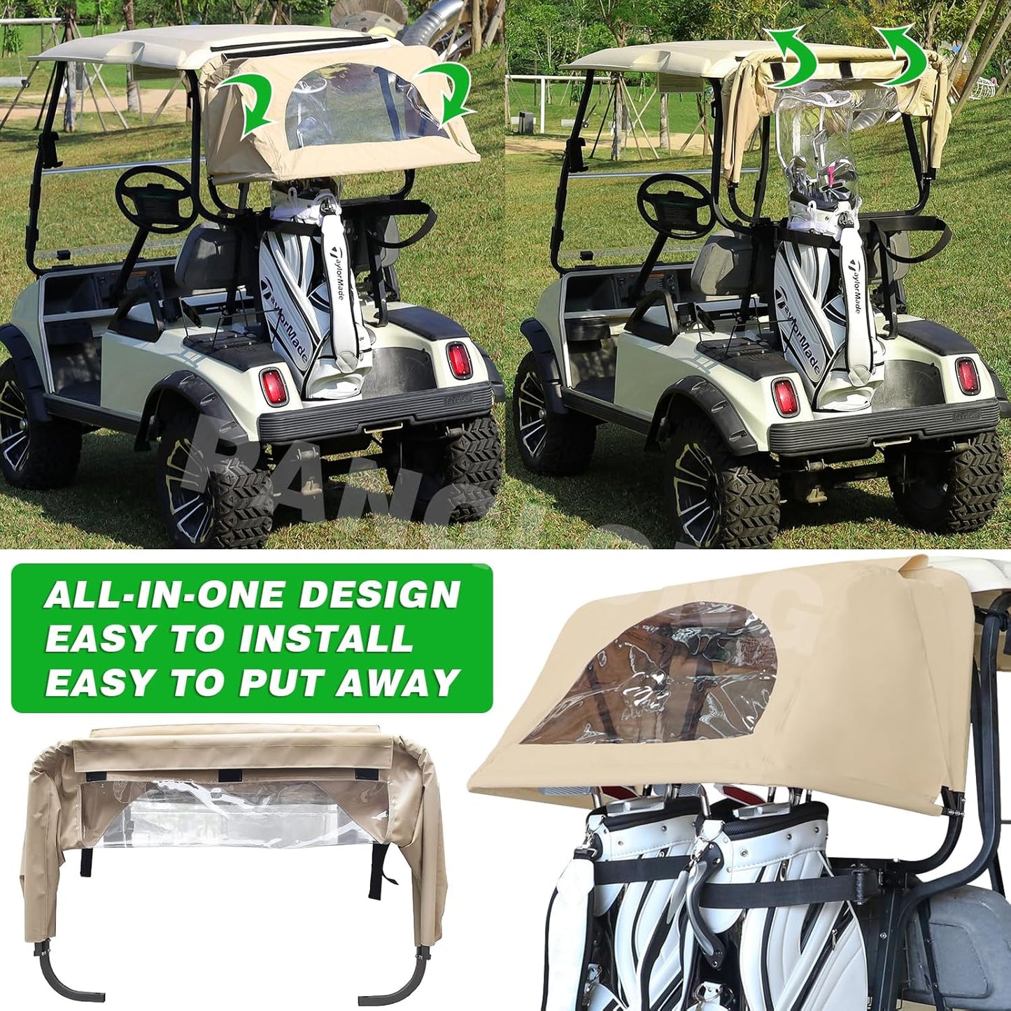 Panglong Universal Golf Cart Rear Bag Rain Cover with Bracket Kit (Beige), Suitable for Club Car, EZGO and Yamaha 2- Seater Golf Cart