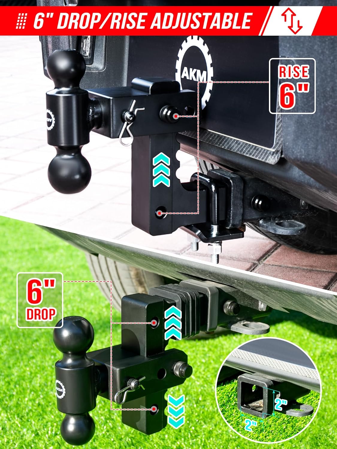 Adjustable Trailer Hitch, Fits 2-Inch Receiver, 6-Inch Drop/Rise Aluminum Drop Hitch