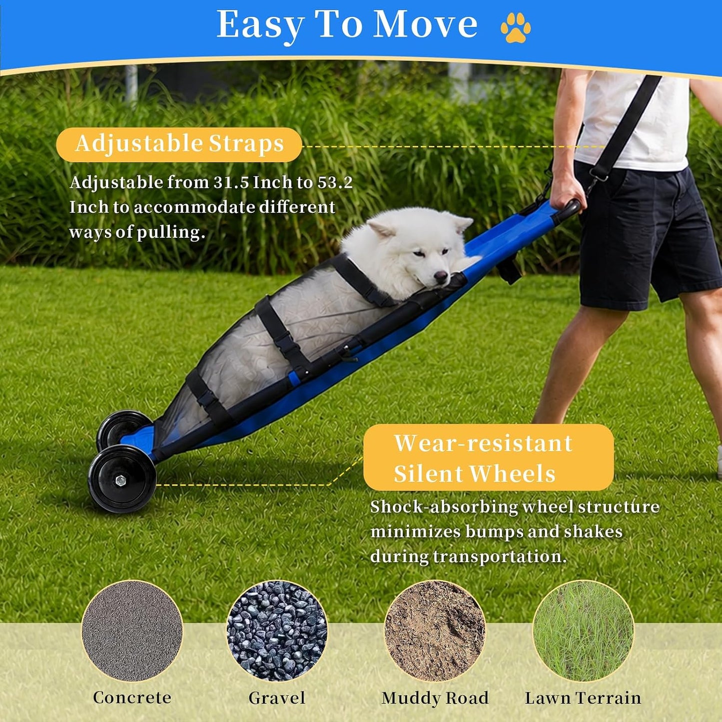 300LBS Pet Rescue Stretcher for Large Dogs, 45" x 22" Dog Transport Stretcher with Belt and Wheels, Foldable Pet Stretcher for Injured Disabled Large Dogs Pet First Aid Transport
