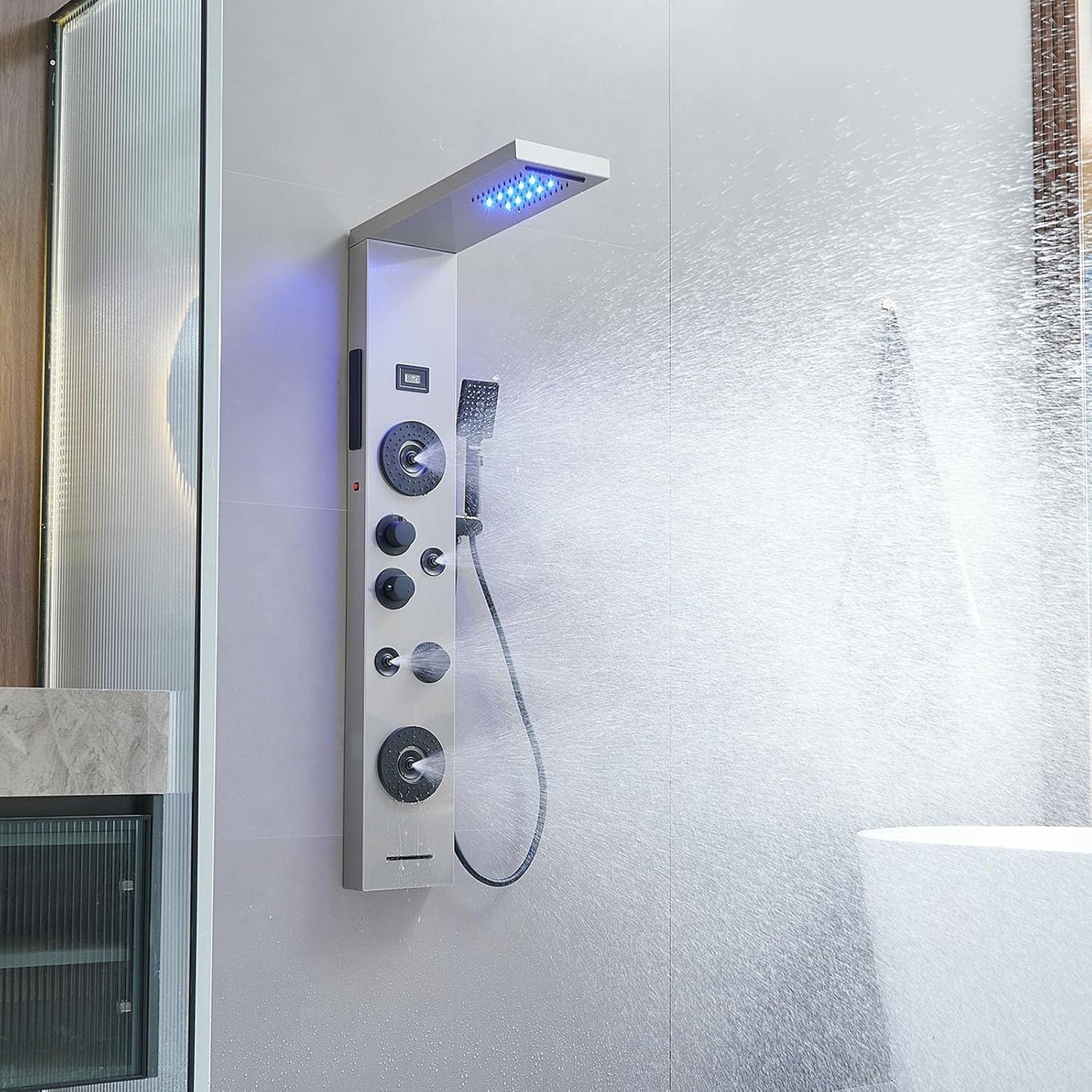 Shower Panel LED Rainfall Waterfall Light Bathroom Shower Panel Tower System, Rain Massage 6-Functions