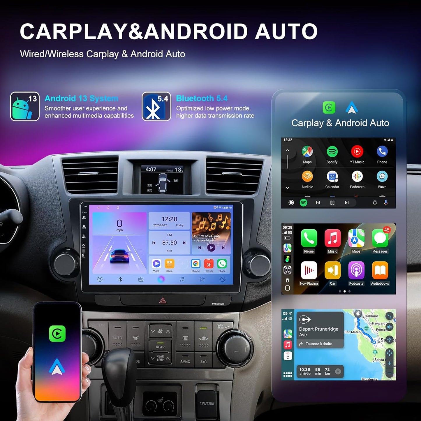 Car Radio Stereo for Toyota Highlander 2008-2013,10" Android 13 Touchscreen Head Unit,Wireless CarPlay & Android Auto,GPS Navigation,HD Backup Camera,Mirror Link,WiFi 6,Bluetooth 5.4,FM,SWC 2Ram 64Rom