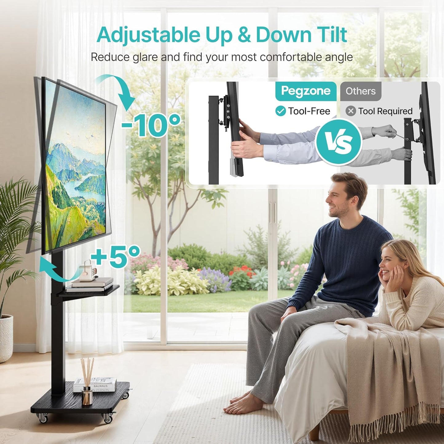 PEGZONE Rolling TV Stand for 32-75 Inch TVs Holds up to 110 lbs, Mobile TV Stand on Metal Wheels with Shelf, Tilt & Swivel Portable TV Cart with Mount, Height Adjustable TV Cart with Wire Management