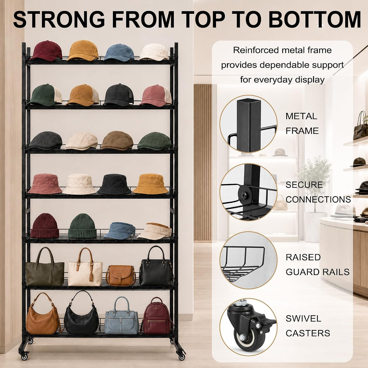 Hat Display Rack 7 Tier with Wheels, Metal Hat Rack Stand Up to 200 Caps