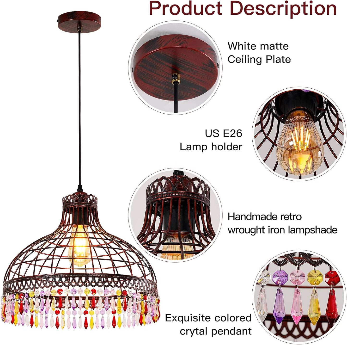 16-inch Wrought Iron Tiffany-Style Chandelier, Industrial Retro Wine-red Wrought Iron Lighting Fixture, Suitable for Kitchen Island, Game Room, Dining Room, bar Counter