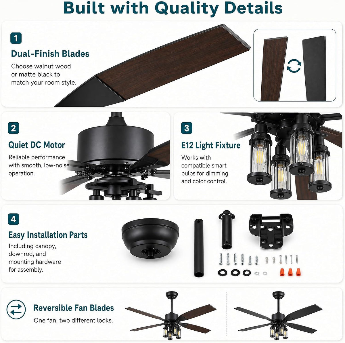 62 Inch Large Ceiling Fan with Light, Energy Efficient DC Motor 6‑Speed Reversible Fan, Dual‑Finish Walnut & Matte‑Black Blades, 4‑Head E12 Light Kit, For Living Room Bedroom Covered Patio