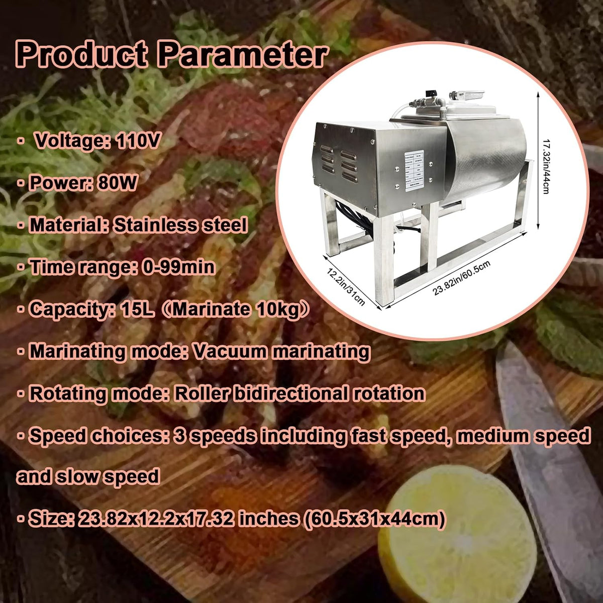 INTBUYING Vacuum Tumbler Marinator, 15L Commercial Vacuum Marinating Machine, Meat Curing Rolling Kneading Machine, 110V, Bidirectional Rotation Food Tumbler Marinating for Meat, Vegetable, Fish