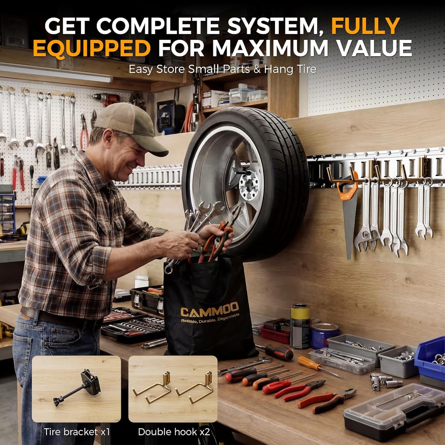 CAMMOO 5FT E-Track Rail Kit, Includes 8 Rails, 2 Double Hooks & 1 Tire Bracket, 8 O-Rings, 8 D-Rings with Tie Down, 1 Storage Bag, 2200lbs Load Capacity for Trailers, Trucks, Vans, Garage, Silver