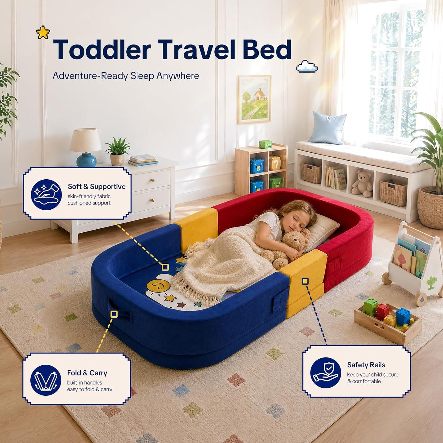 Toddler Travel Bed Foldable Portable Floor Bed Soft Foam 23'' | Built-in Safety Rails, No Assembly, Washable Cover, Comfortable Mattress for Travel, Home Use for Kids Ages 15 to 72 Months Red Blue 54''x23''x7''