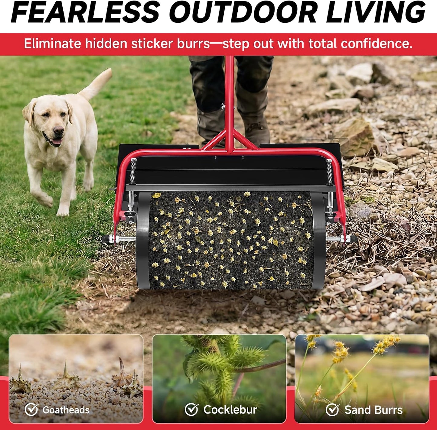 Manual Yard Burr Removal Roller Tool, Push-Style Sticker Burr, Goat Head and Grass Burr Collector with Built-in Debris Bin, Designed for Dry Lawn, Driveway and Path Surface Cleanup