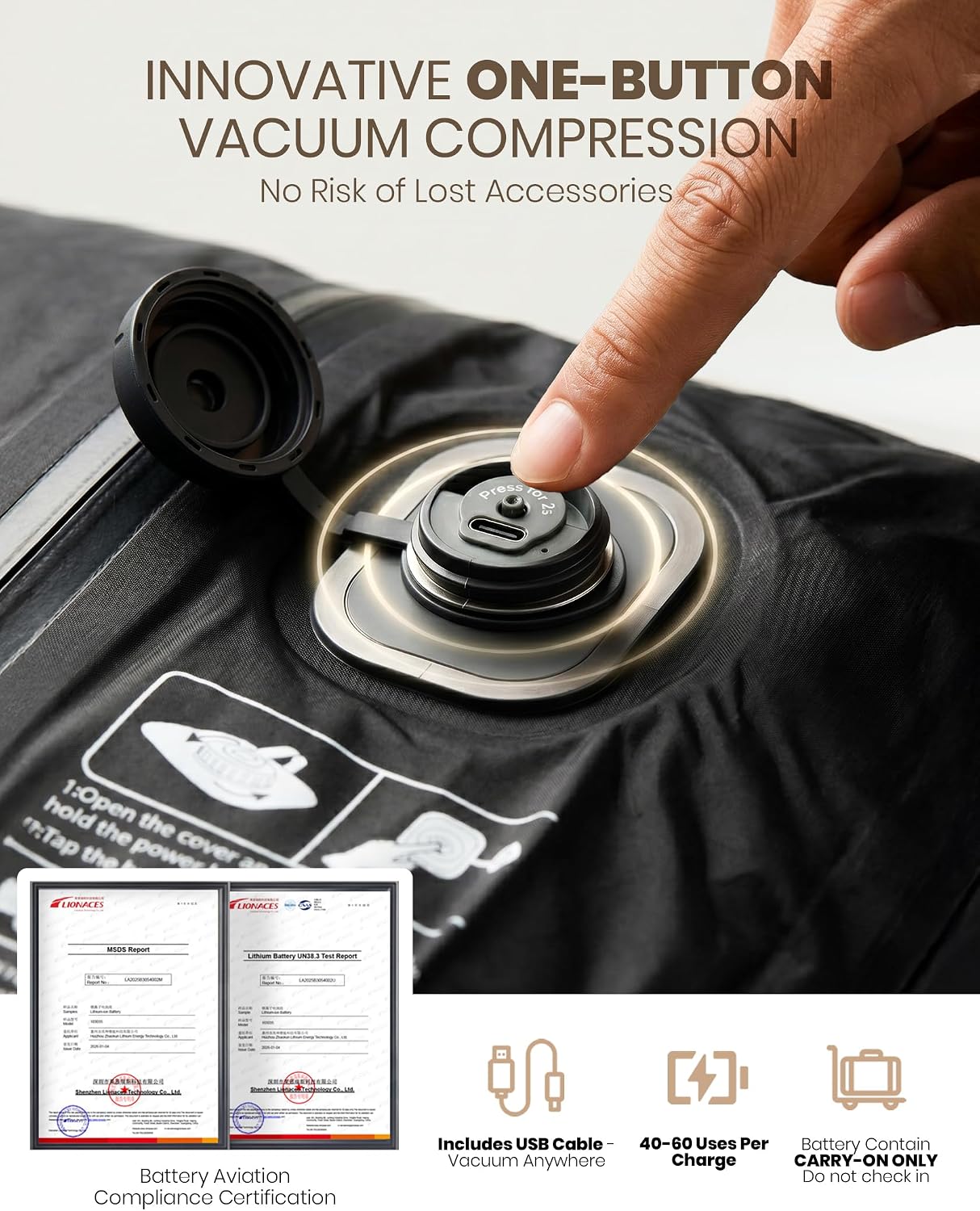 Fanwoli Vacuum Travel Backpack,One-Touch Compression,Converts to Crossbody | Built-in Electric Pump,Carry On,900D Water-Repellent Oxford, Wet/Dry & Shoe Compartments, Anti-Theft Zipper, Fits 17" Laptop Obsidian Black