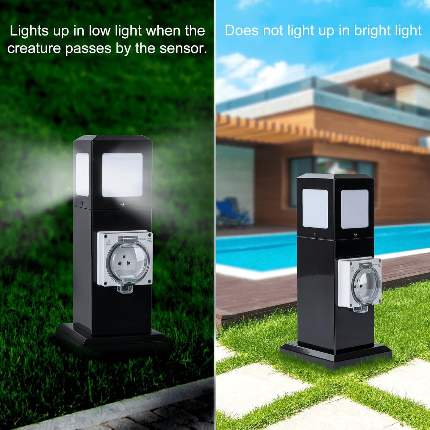 Outdoor Waterproof 304 Stainless Steel Outlet, Patio Landscape Vertical LED Lawn Light with Radar Sensor Light, IP66 Waterproof, Rated 20A.