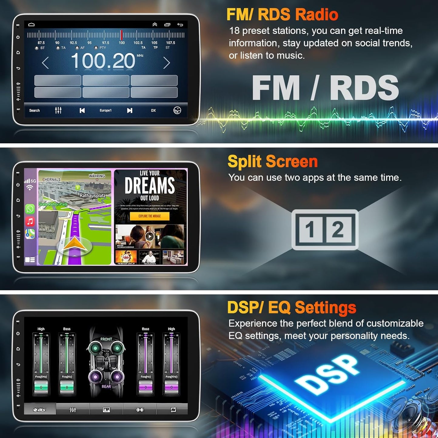 4+64GB Android 15 Double Din Car Stereo, Wired & Wireless Carplay & Android Auto Radio with 10.1 Inch IPS Rotatable Screen, Built-in DSP, Bluetooth 5.2, SWC, GPS Navigation, Backup Camera