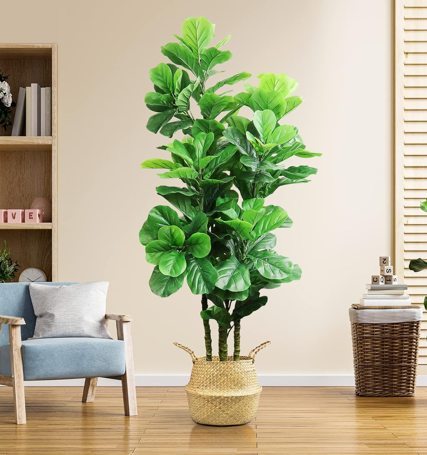 6ft Artificial Tree Indoor with Woven Seagrass Plant Basket, Artificial Fiddle Leaf Fig Tree Fake Tree Faux Plant Indoor