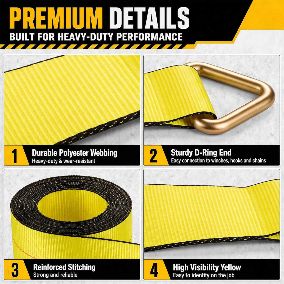 Woanger 4 Pack Cargo Control 4" x 30' Winch Straps with D-Rings Heavy Duty 5400 Lbs Working Load Limit Yellow 4 Inch Straps for Flatbed Trailers Trucks Securement