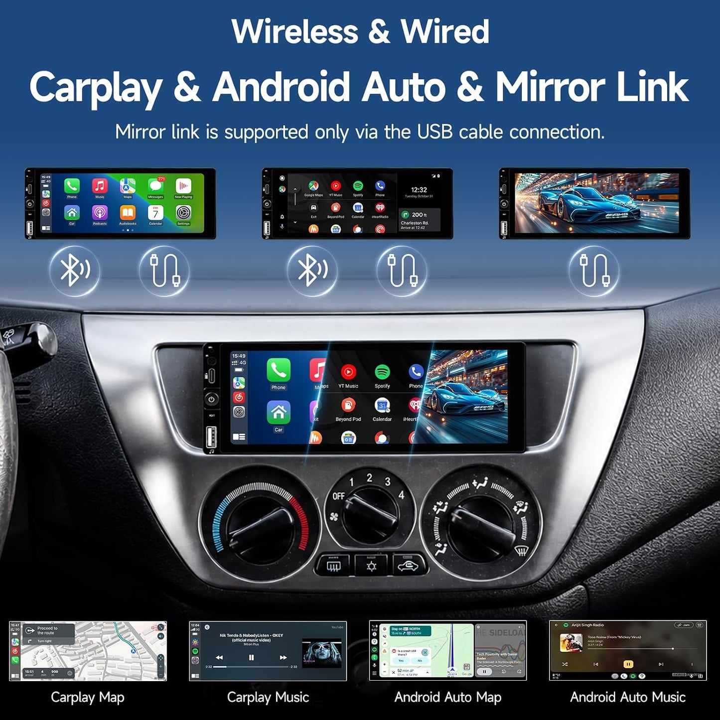 6.86" Car Stereo Single Din Car Radio with Apple Carplay & Android Auto | Wired Mirror Link, Bluetooth 5.1, IPS Touchscreen, HD Night Vision Backup Camera, FM Radio, EQ, SWC,USB&Type-C Fast Charging