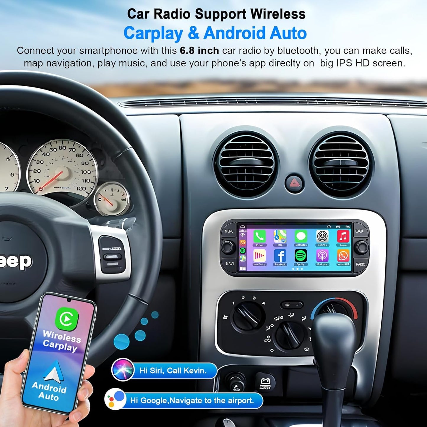 Car Radio Stereo for Dodge RAM 1500 2002-2006,for Jeep Wrangler 2003-2006, for Jeep Grand Cherokee 1999-2004,6.8" QLED Touchscreen with Wireless CarPlay & Android Auto,4G+64GB Android 13 System For Dodge Ram 2002-2006