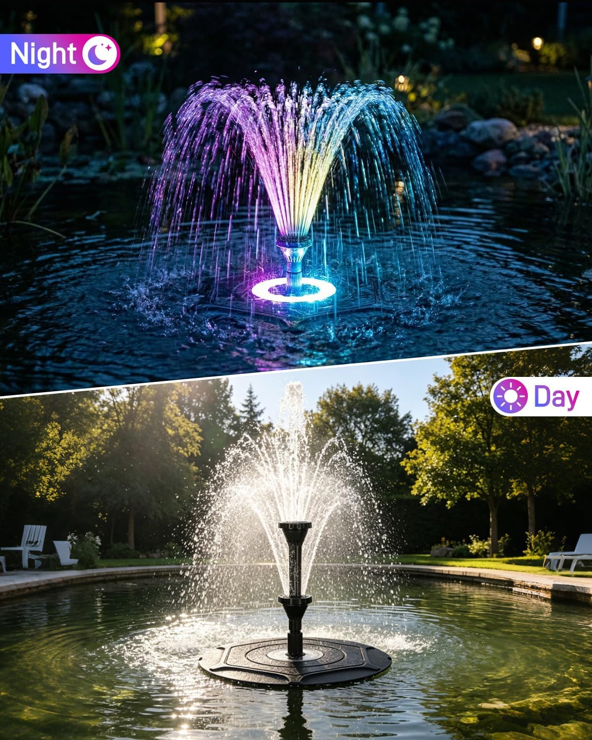 Pond Fountain Aerator with RGB Lights, Floating Pond Fountain Pump with 33FT Power Cord and 3 Nozzles, 792 GPH 45W High-Performance Pump Build in, Suitable for Outdoor Ponds, Garden, Fish Tanks
