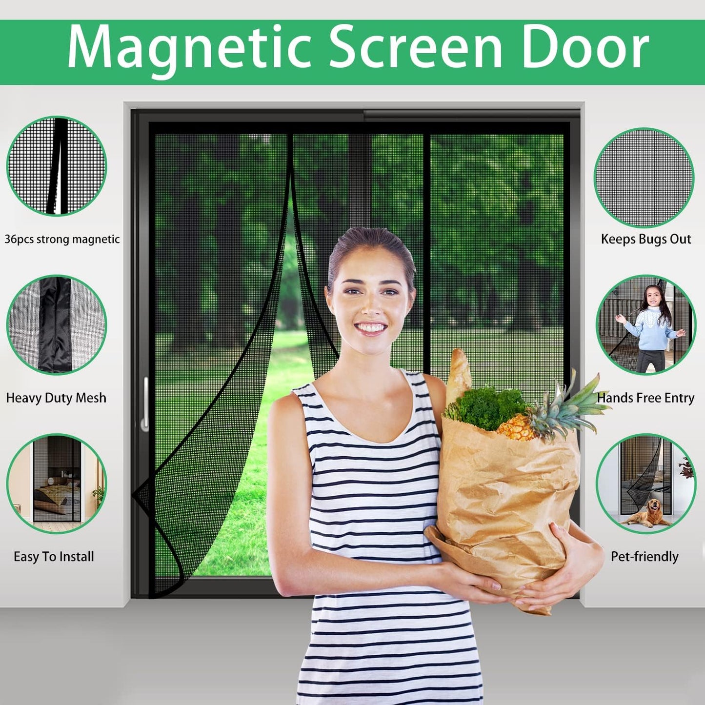 Fiberglass Magnetic Screen Door, Self Sealing Magnets Door Screen, Reinforced Heavy Duty Mesh Net Closure for Sliding Door, Patio, Bedroom-Hands