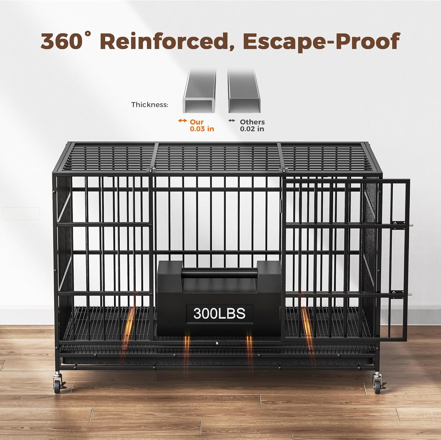 48' Heavy Duty Dog Crate for Large Dogs, Escape Proof, 4 Lockable Wheels, Removable Door